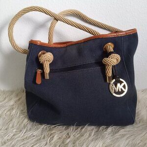 MICHAEL Kors Large Tote Bag Blue Brown Gold MK Medallion Canvas Rope Leather